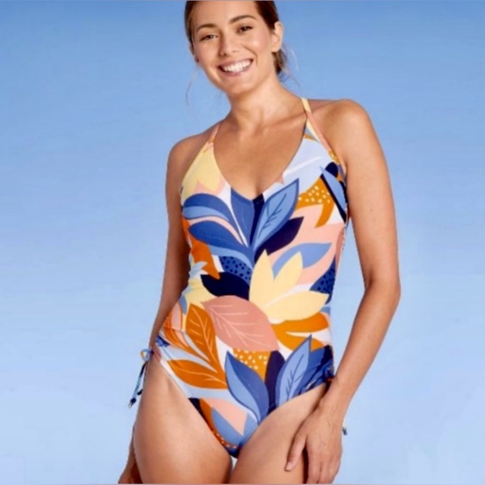 Tropical Leaves Print Straps One Piece Swimsuit Coverage